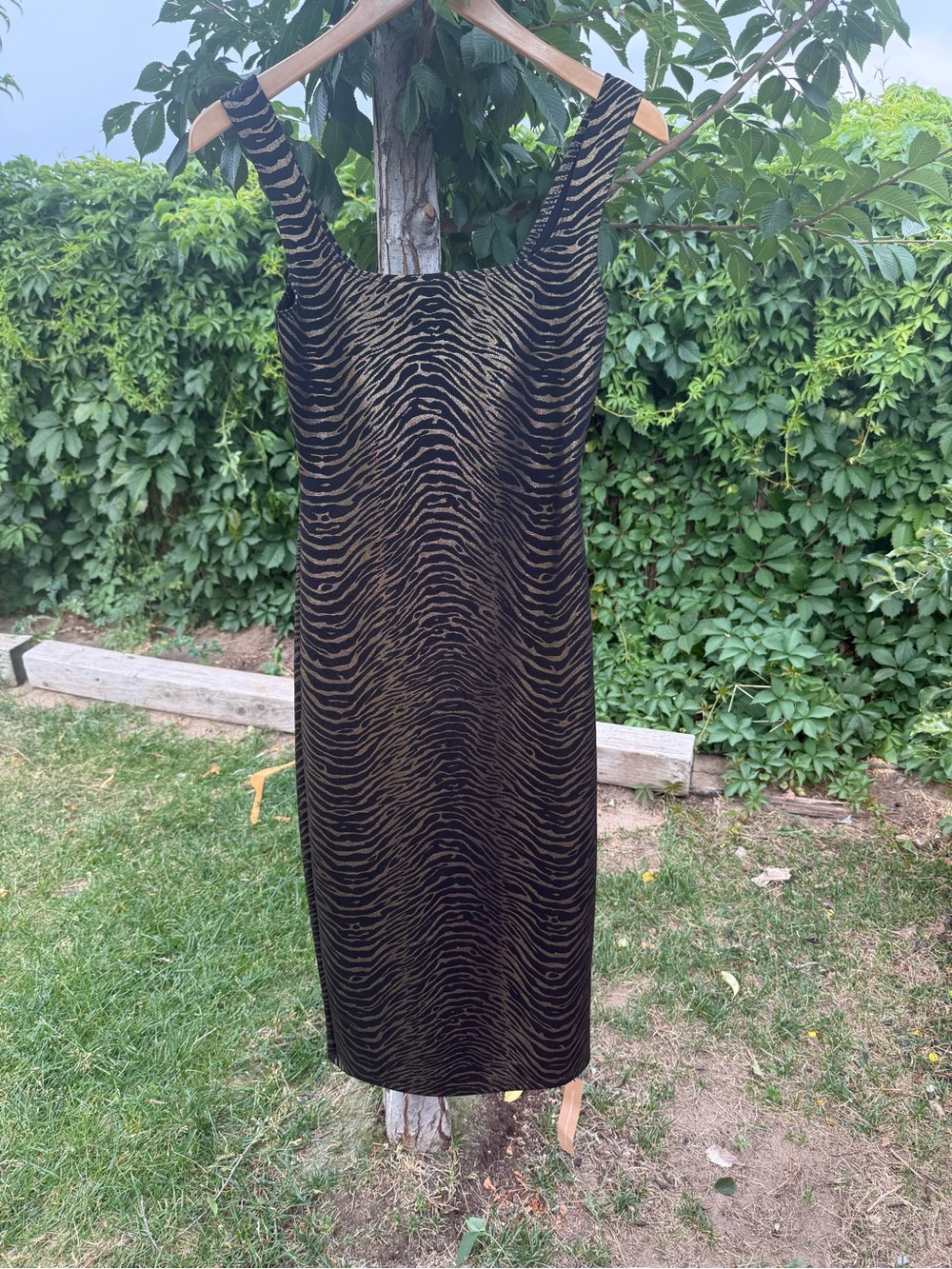 Reformation Black and Gold Zebra-Print Midi Dress
